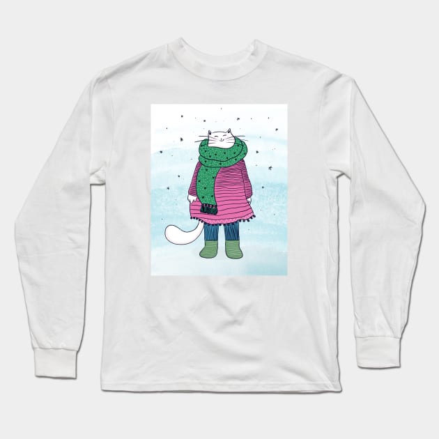 White cat in the snow Long Sleeve T-Shirt by iulistration